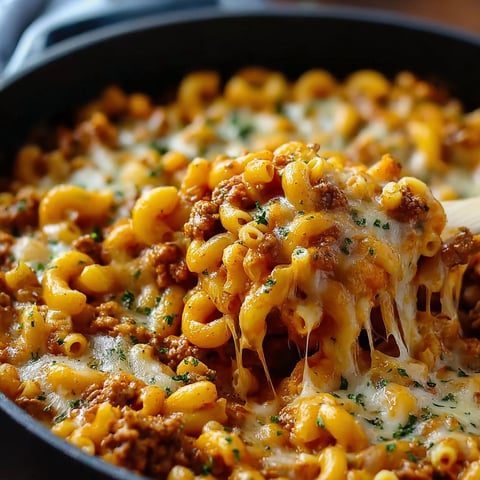 A close up of a delicious one pot chili mac and cheese.
