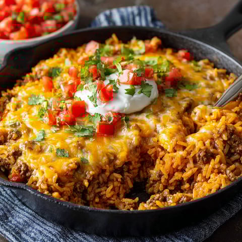 A delicious cheesy taco rice dish in a skillet.