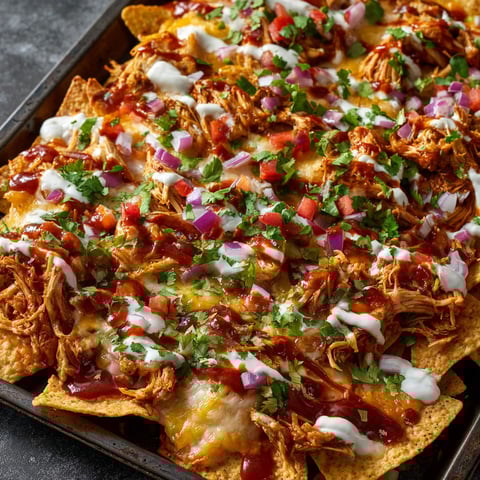 A pan of BBQ chicken nachos.