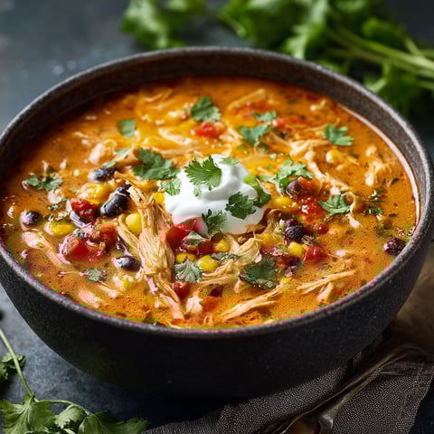 A bowl of chicken enchilada soup with a dollop of sour cream on top.