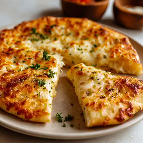 A slice of garlic bread with cheese and herbs on a plate.