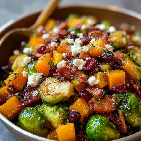 A bowl of food with bacon, butternut squash, and brussels sprouts.