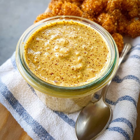 A glass jar of sweet and spicy mustard.