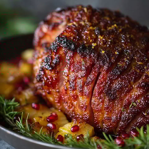 A glazed ham with pineapple and jerk seasoning.