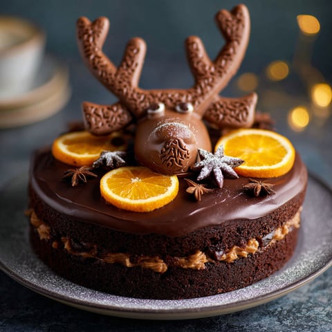 A chocolate cake with orange slices and a reindeer decoration.