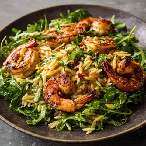 A plate of grilled shrimp, orzo, and arugula salad.