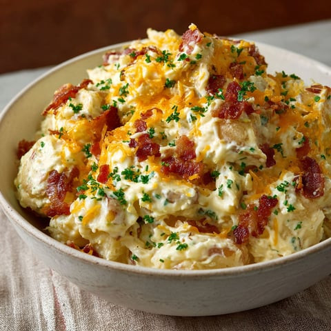 A bowl of potato salad with bacon and cheddar cheese.