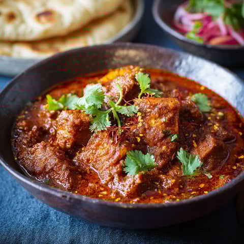 A bowl of paneer vindaloo with a spoon in it.