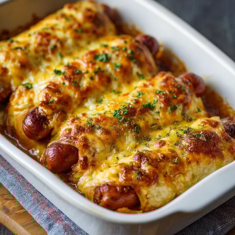 A baked chili cheese dog in a white dish.