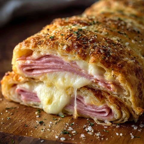 A close up of a delicious ham and cheese stromboli.
