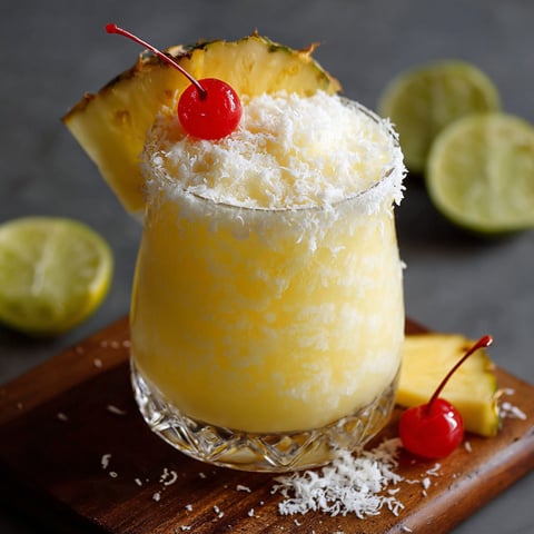 A glass of non-alcoholic pina colada punch with a pineapple wedge and cherry.