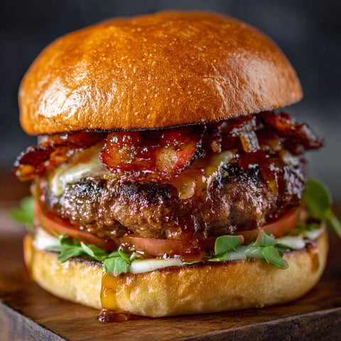 A burger with bacon and cheese.