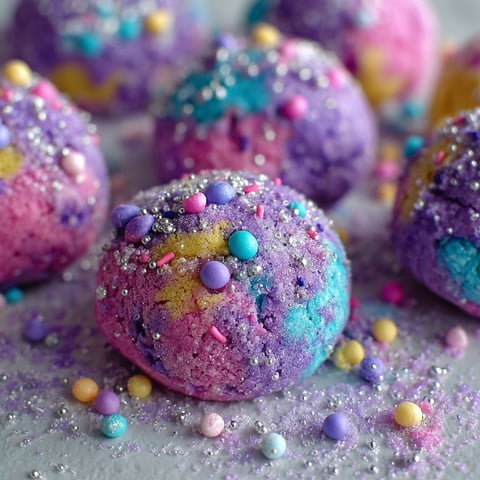 A close up of colorful unicorn poop cookies.