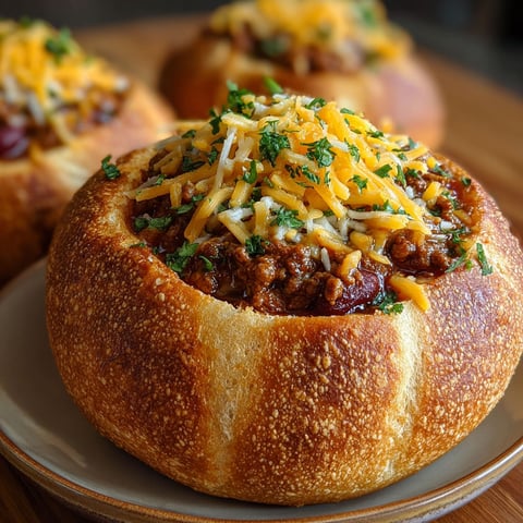 Two mini chili football bread bowls.
