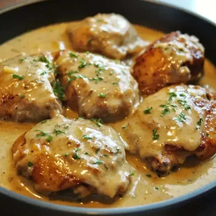 Chicken thighs in a skillet smothered in gravy and garnished with fresh parsley.