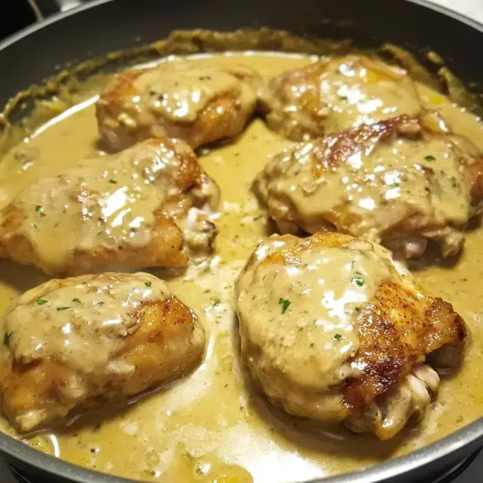 A skillet filled with several chicken thighs coated in a creamy sauce with herbs.