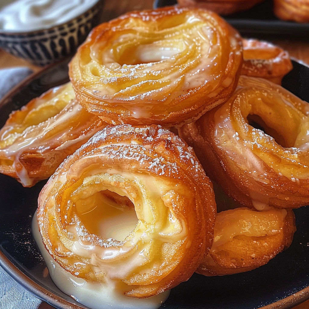 A plate of pastries with a white sauce drizzled over them.