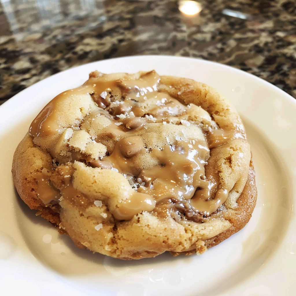 A cookie with a caramel glaze on top.