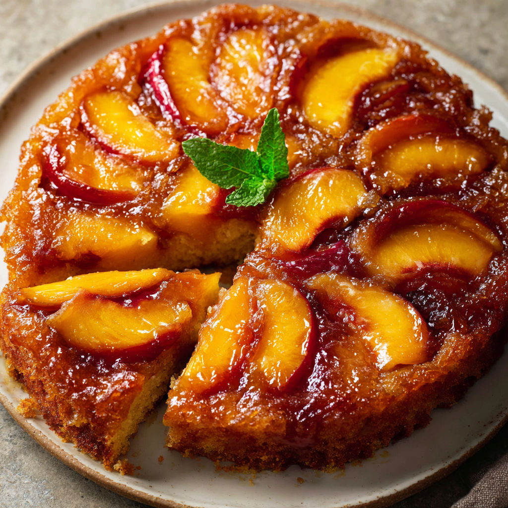 A slice of bourbon peach upside cake.