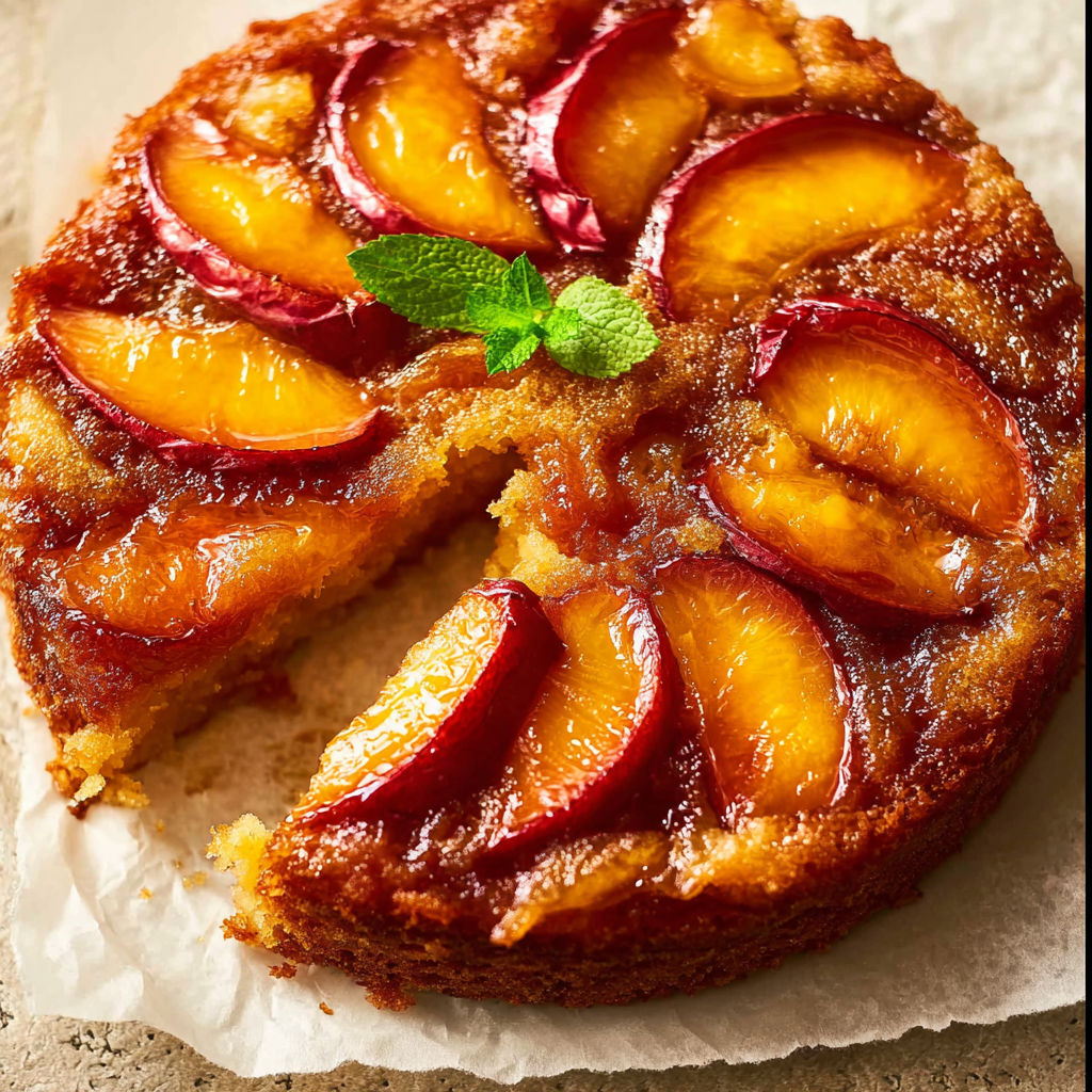 A slice of peach cake with a green leaf on top.