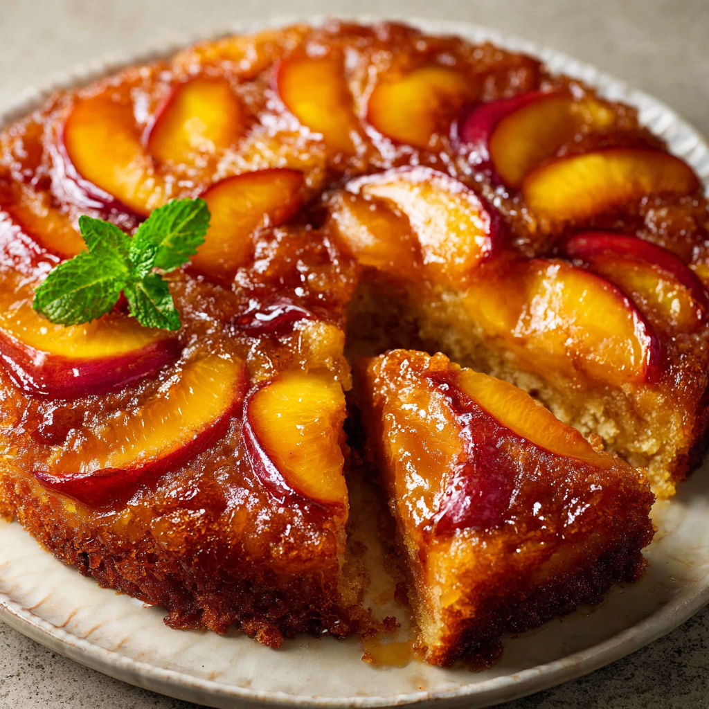 A slice of peach cake on a plate.