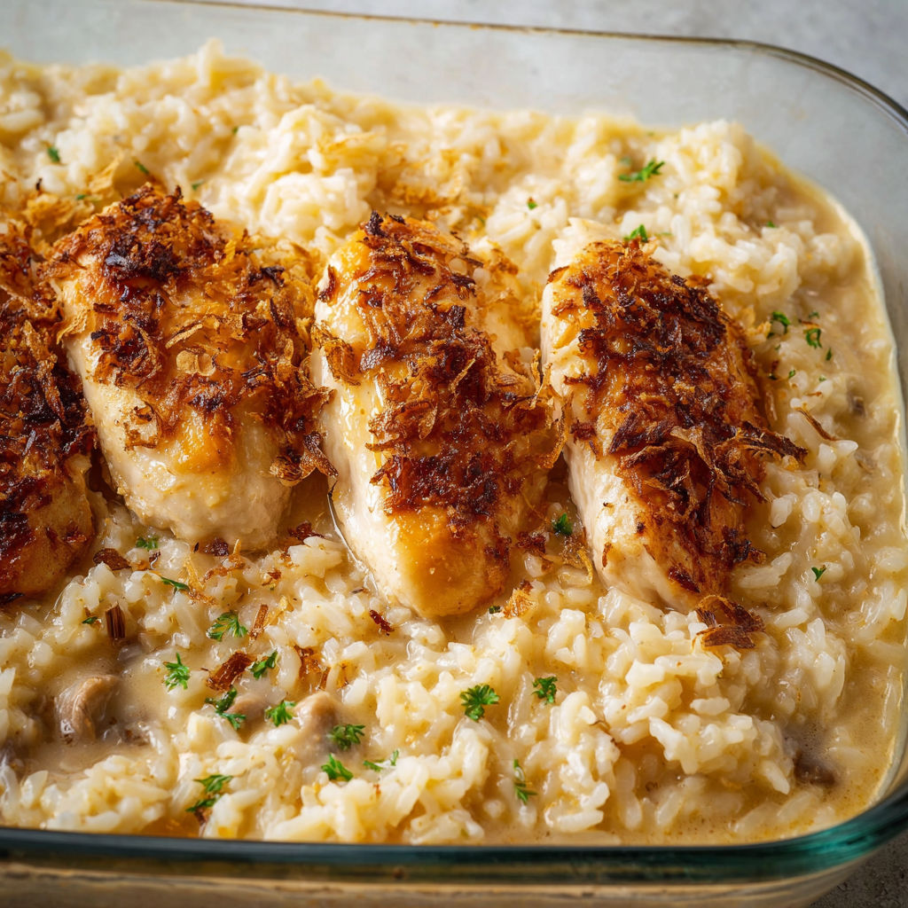 A dish of rice with chicken and mushrooms.