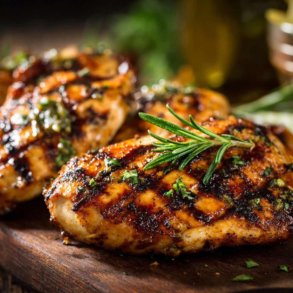 A close up of a piece of chicken with herbs on it.