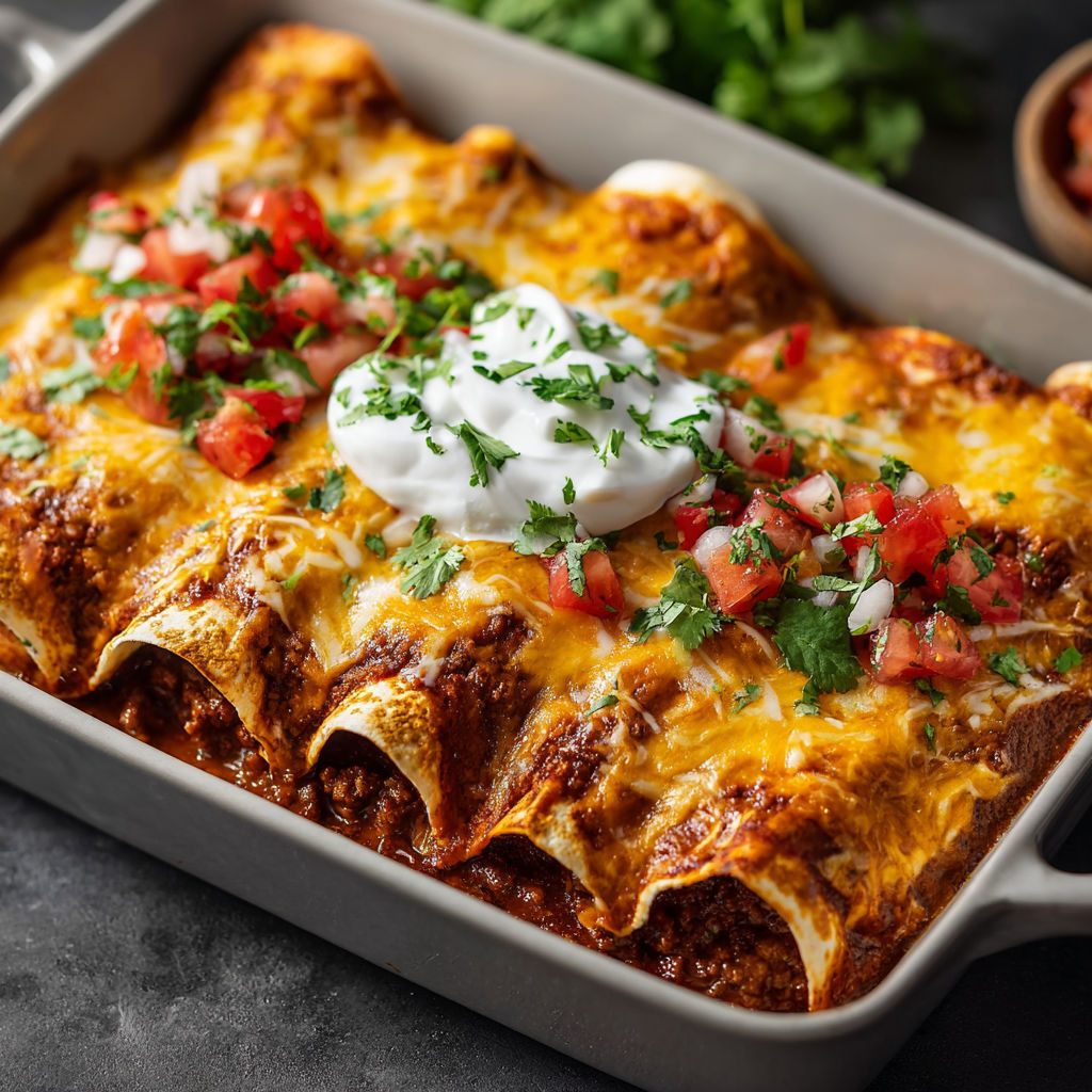 A pan of enchiladas with tomatoes and cheese.