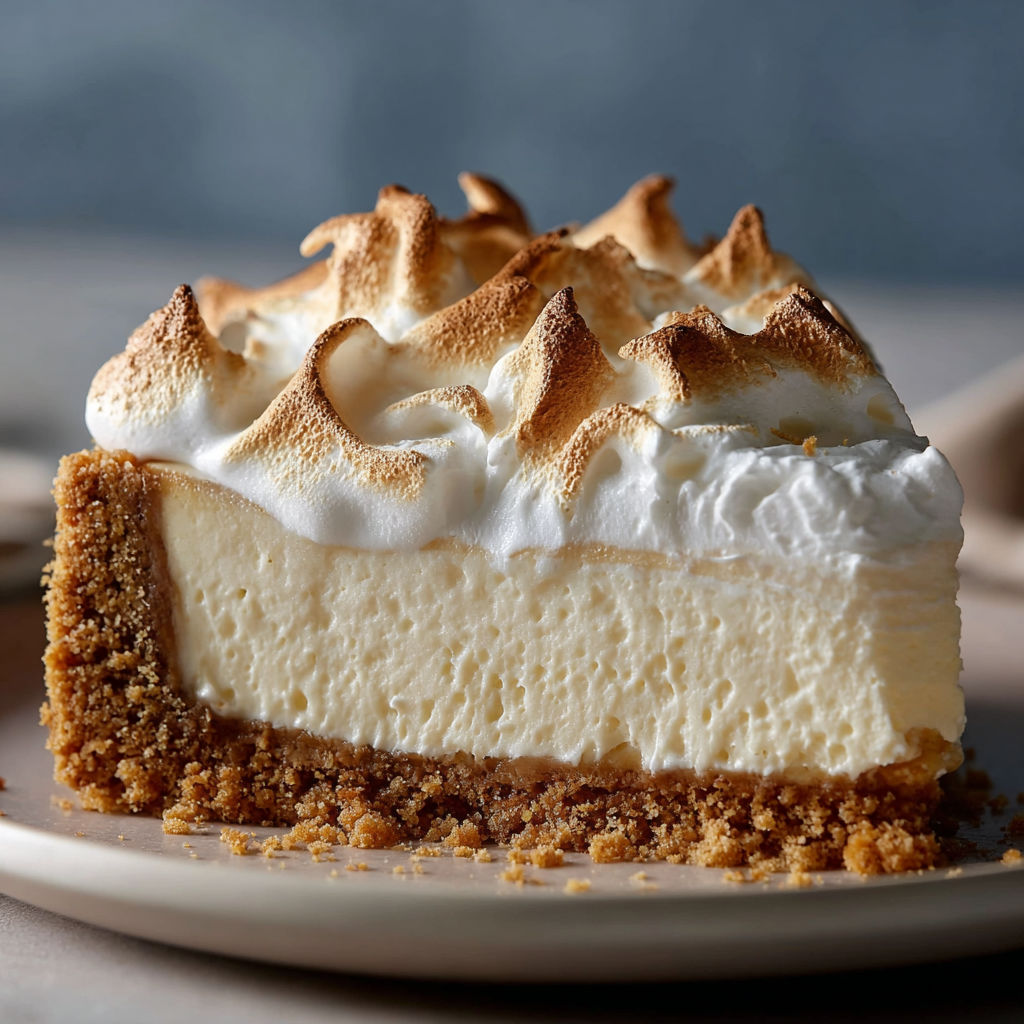 A slice of cheesecake with a marshmallow on top.