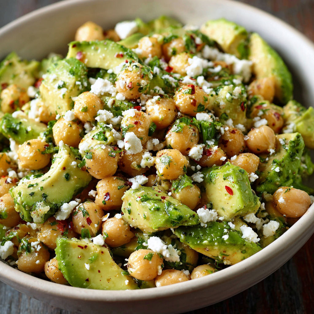A bowl of chickpea avocado feta salad.