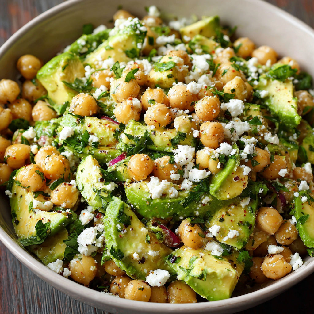 A bowl of food with chickpeas, avocado, and cheese.