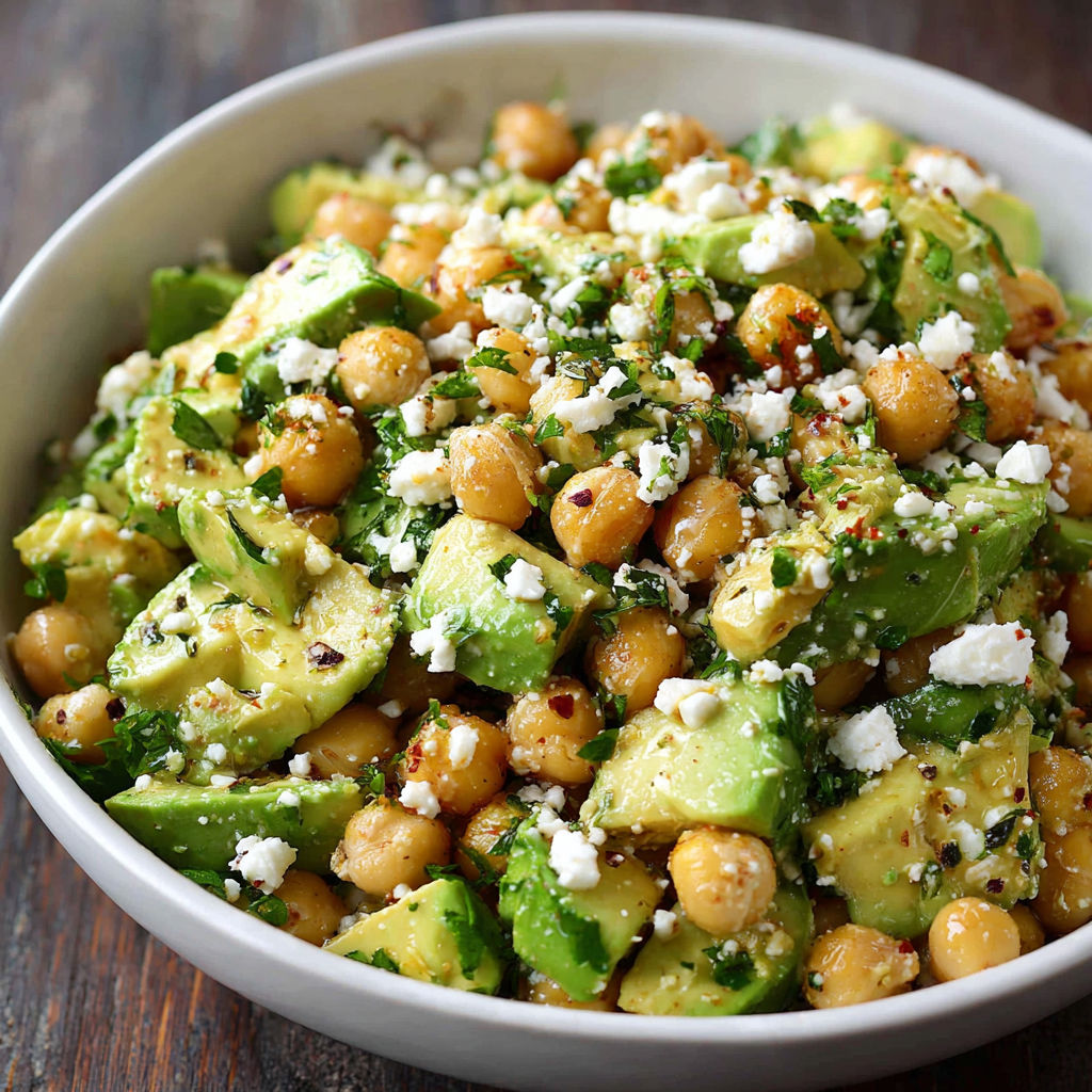 A bowl of food with chickpeas, avocado, and cheese.
