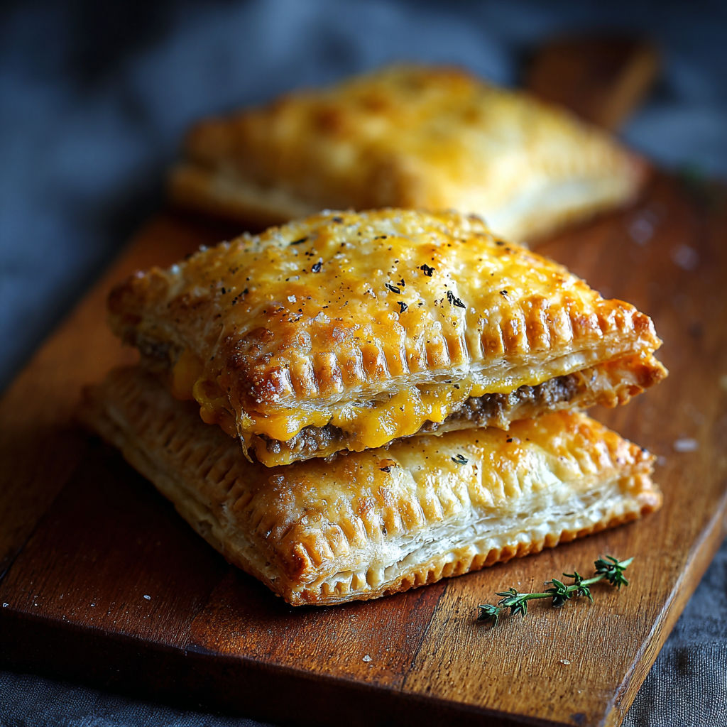Two savory breakfast pop-tarts on a wooden cutting board.