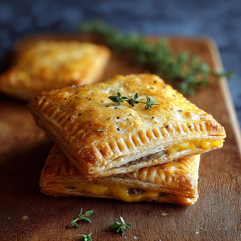 A wooden cutting board with two cheese and herb filled pastries.