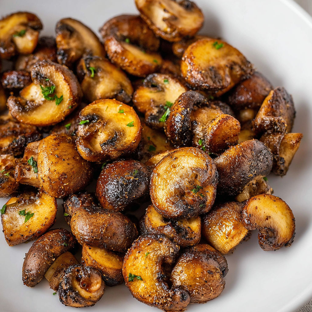A plate of mushrooms cooked in an air fryer.