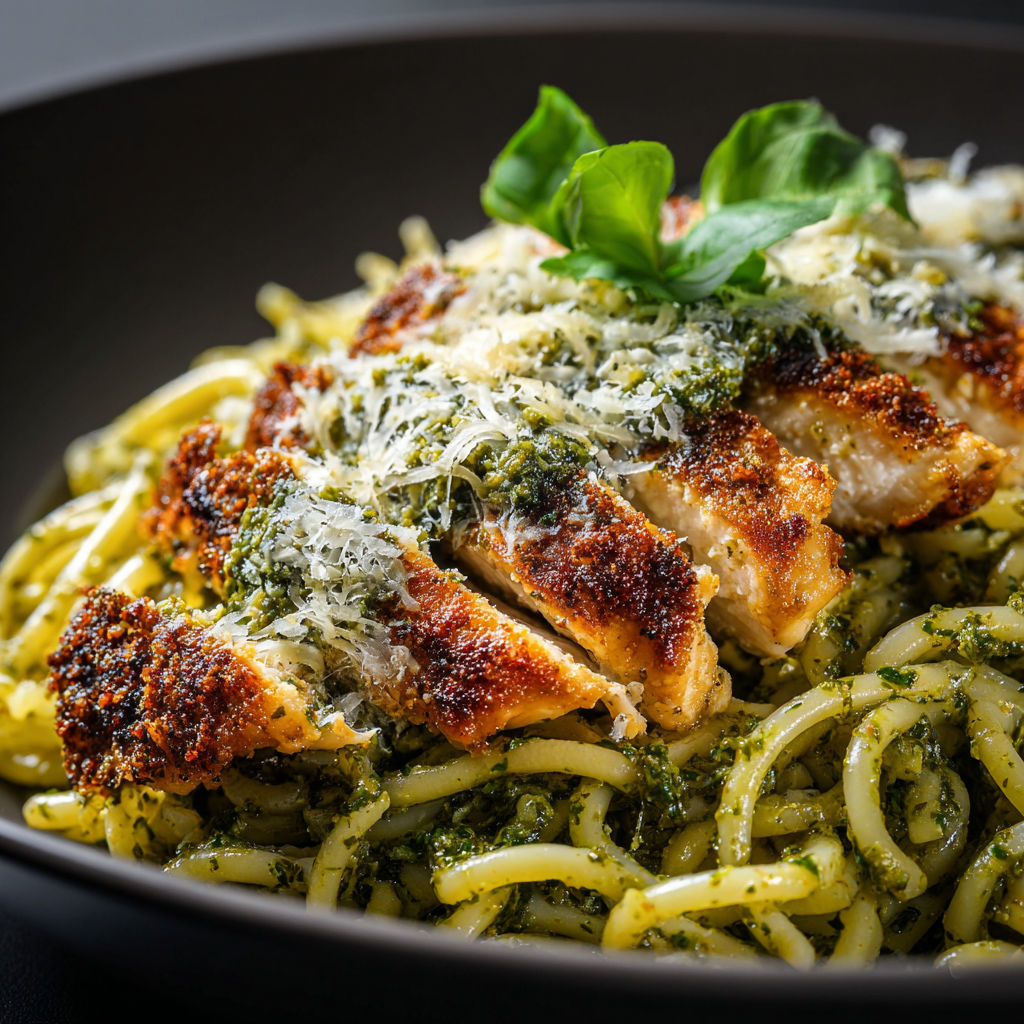 A bowl of pasta with chicken and pesto.