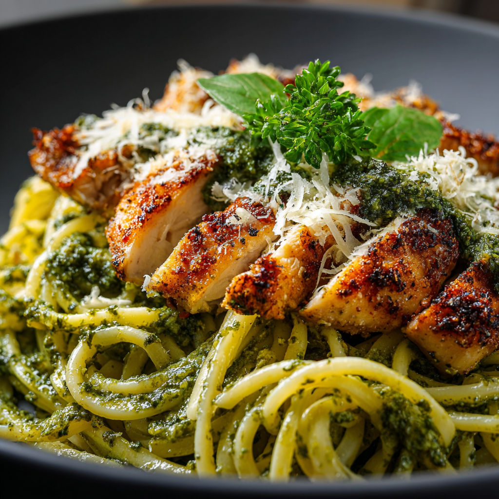 A plate of food with chicken and pesto.