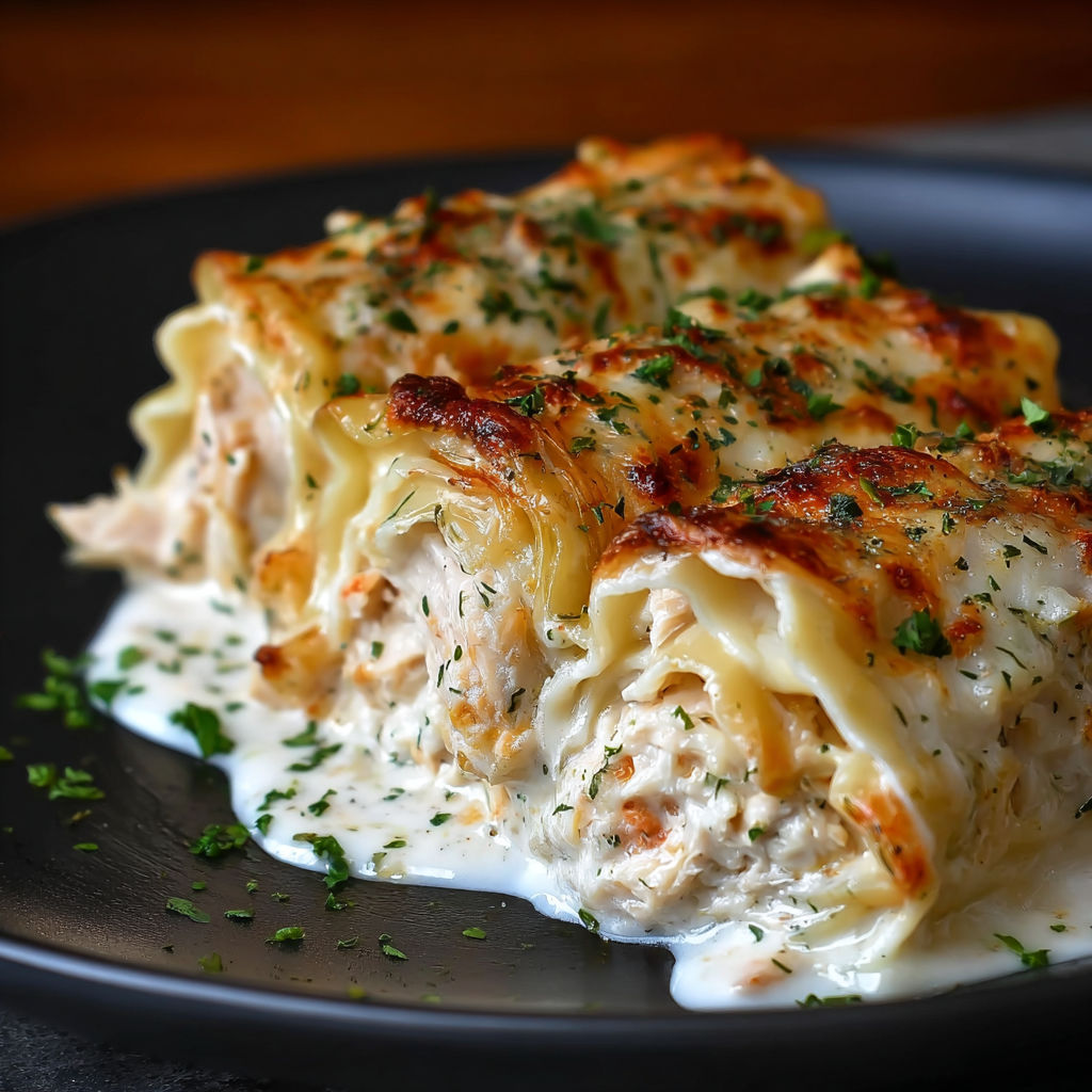A plate of chicken Alfredo lasagna rolls.