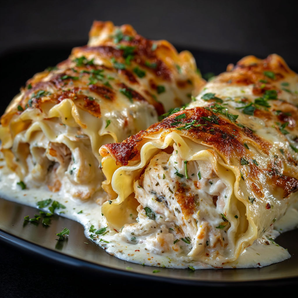 A plate of chicken Alfredo lasagna rolls.