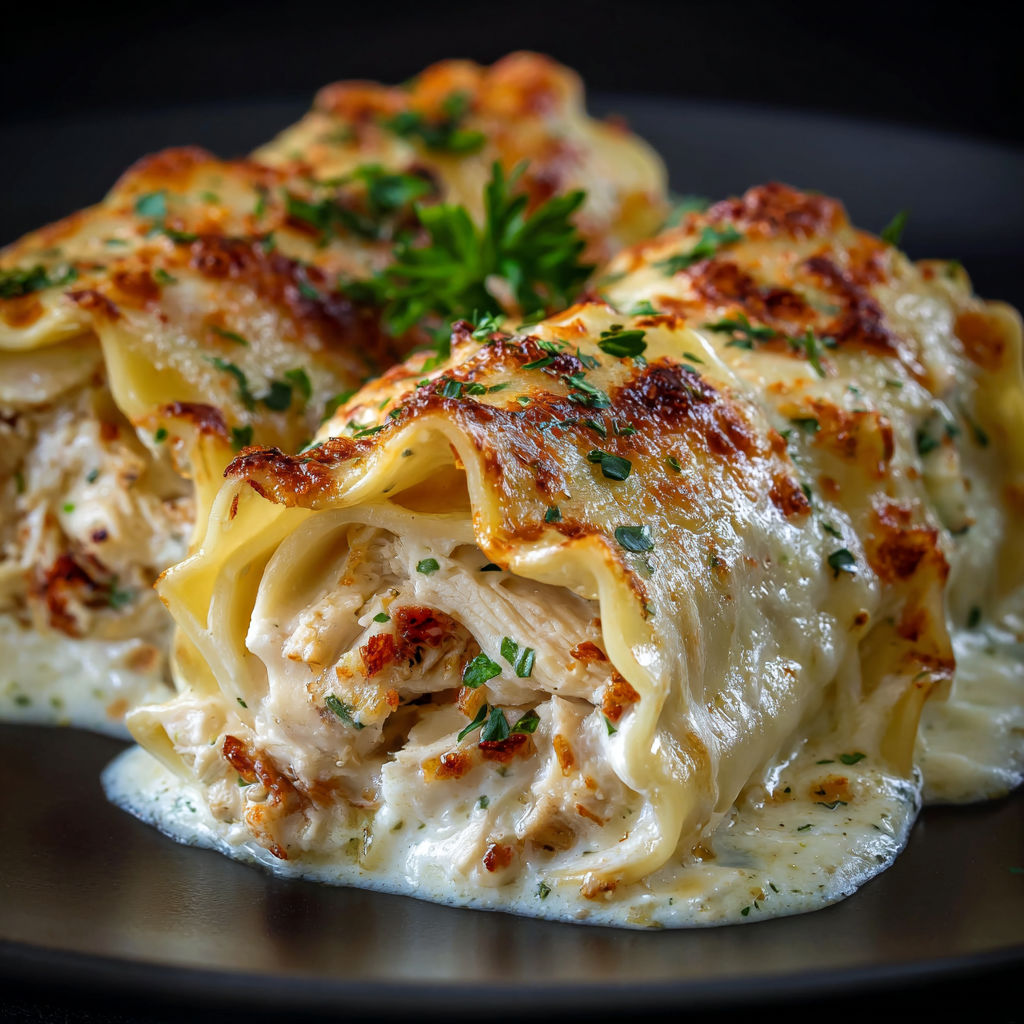 A plate of chicken Alfredo lasagna rolls.