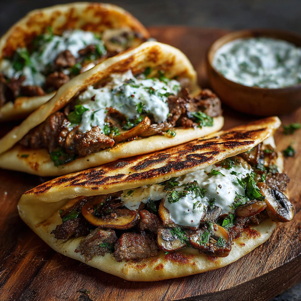 Two cheesy beef mushroom pitas on a wooden table.