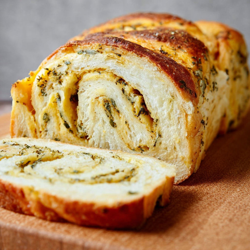 A slice of cheddar herb swirl bread.
