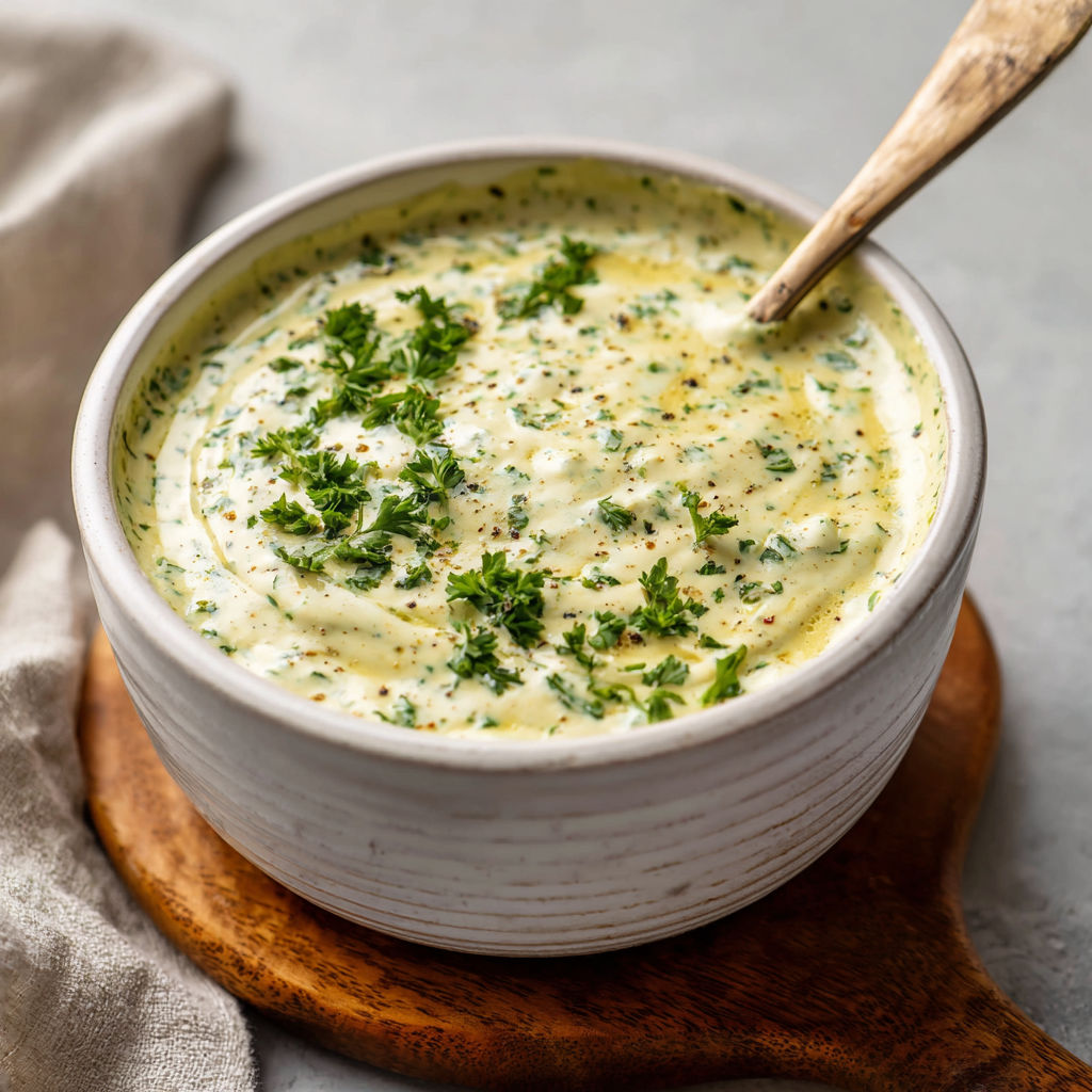 A bowl of cream sauce with green herbs on top.