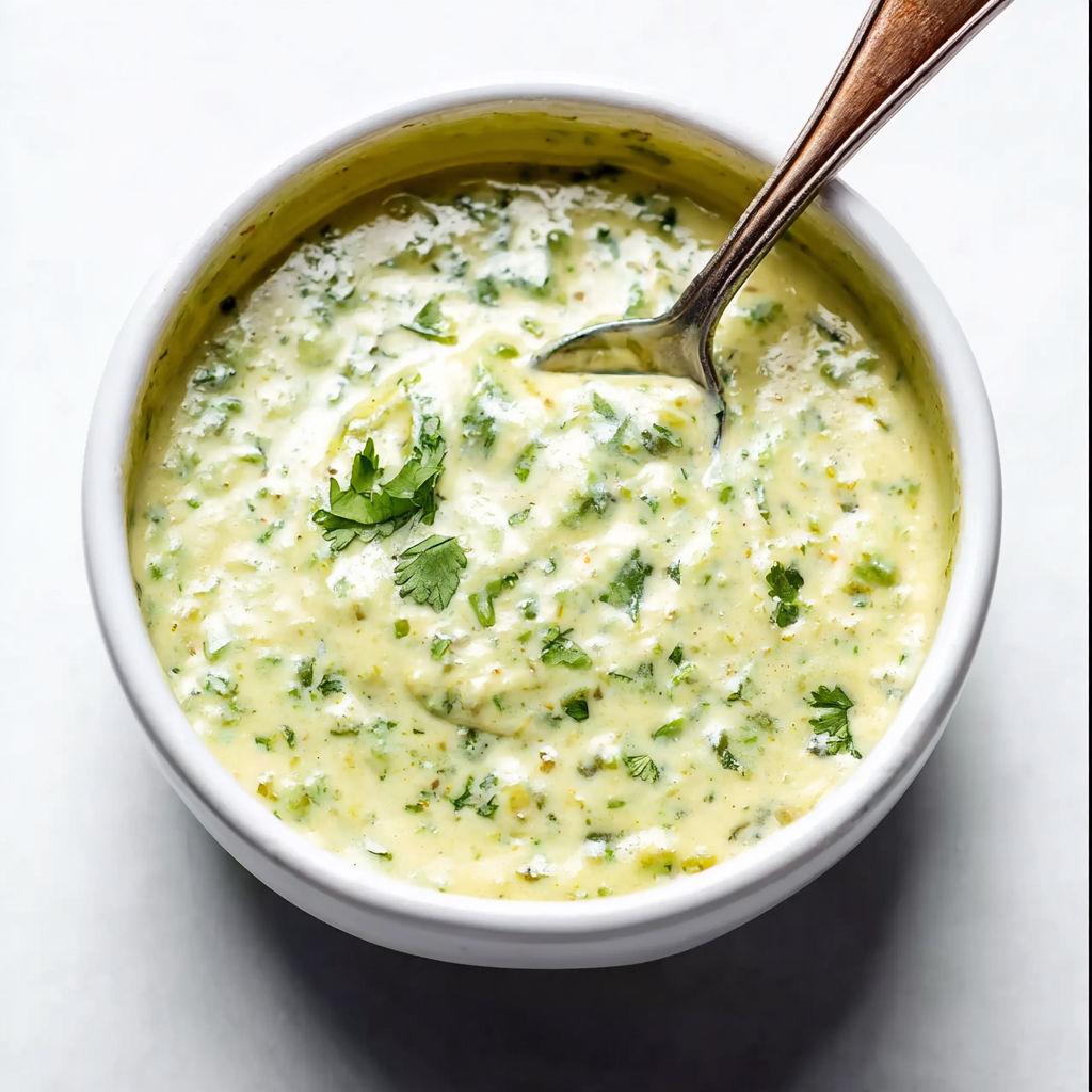 A bowl of soup with a spoon in it.
