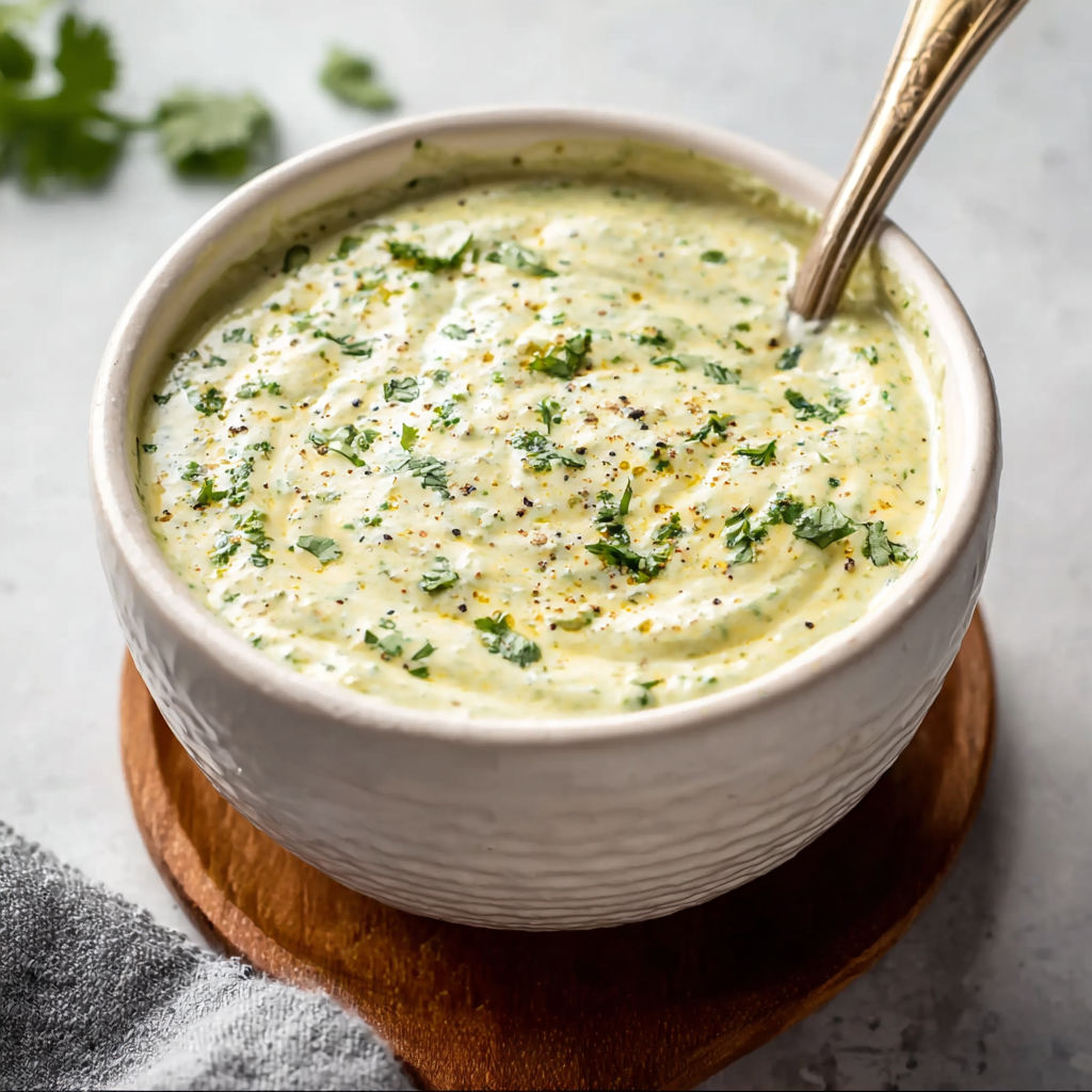 A bowl of soup with a spoon in it.