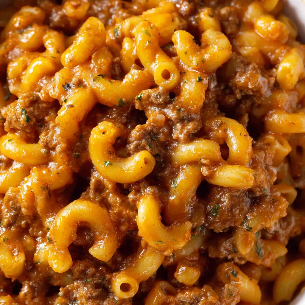 A bowl of beefaroni with noodles and meat.