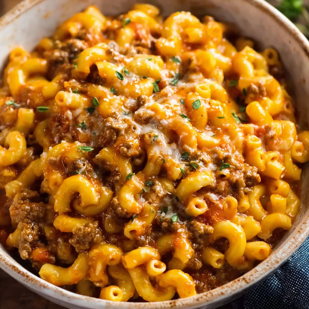A bowl of macaroni and cheese with meat.