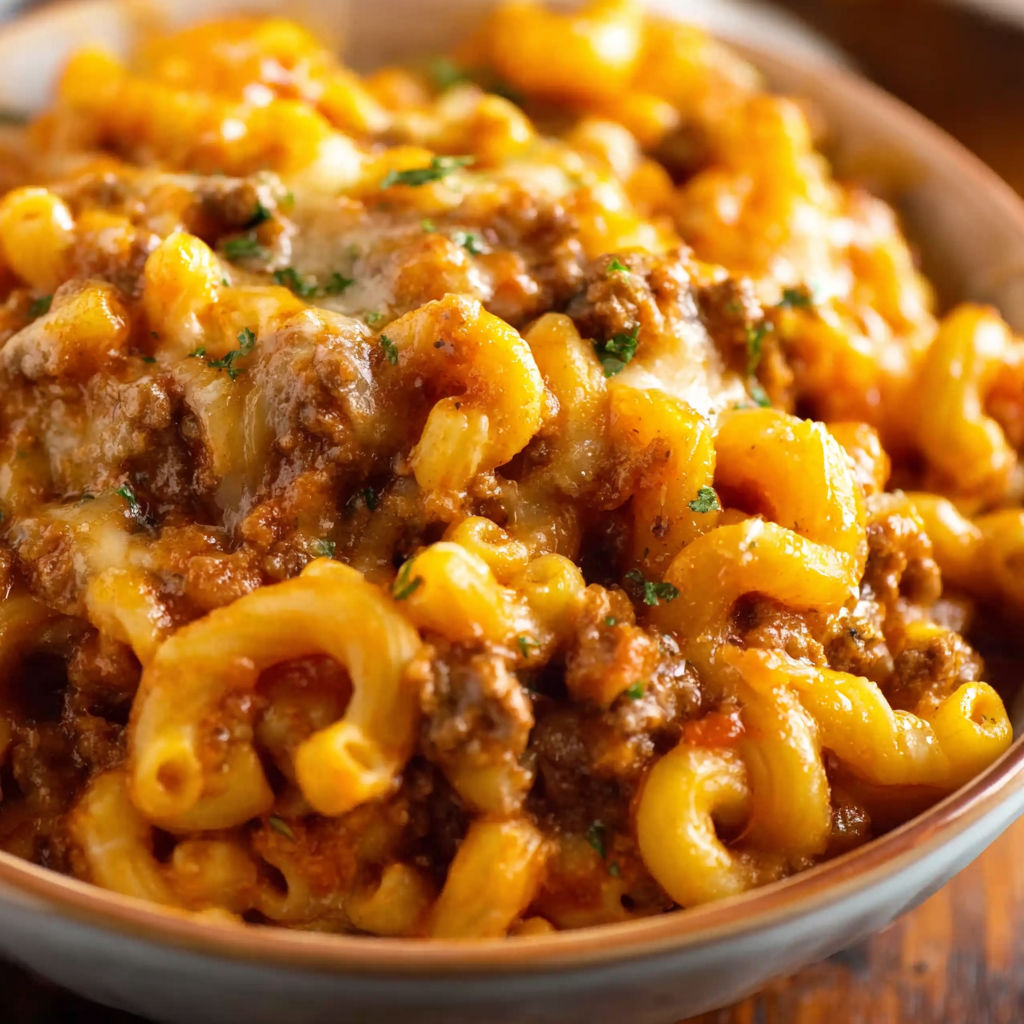 A bowl of pasta with meat sauce.