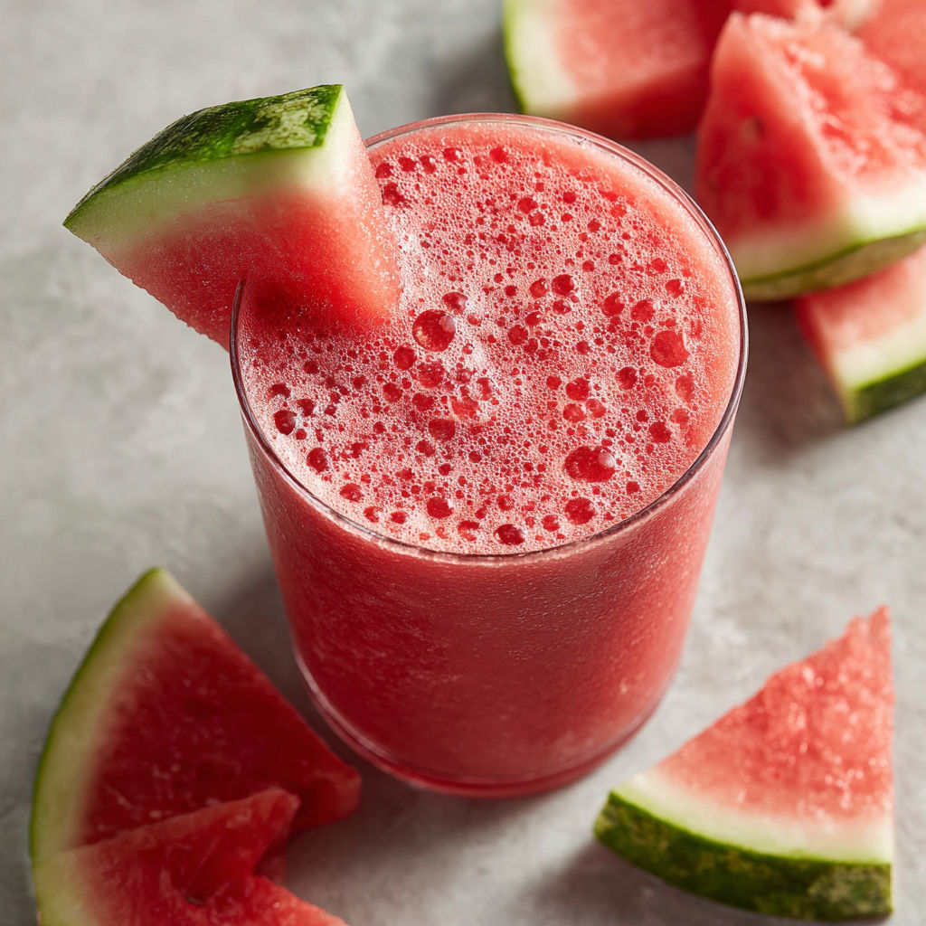 A glass of red juice with a slice of watermelon in it.