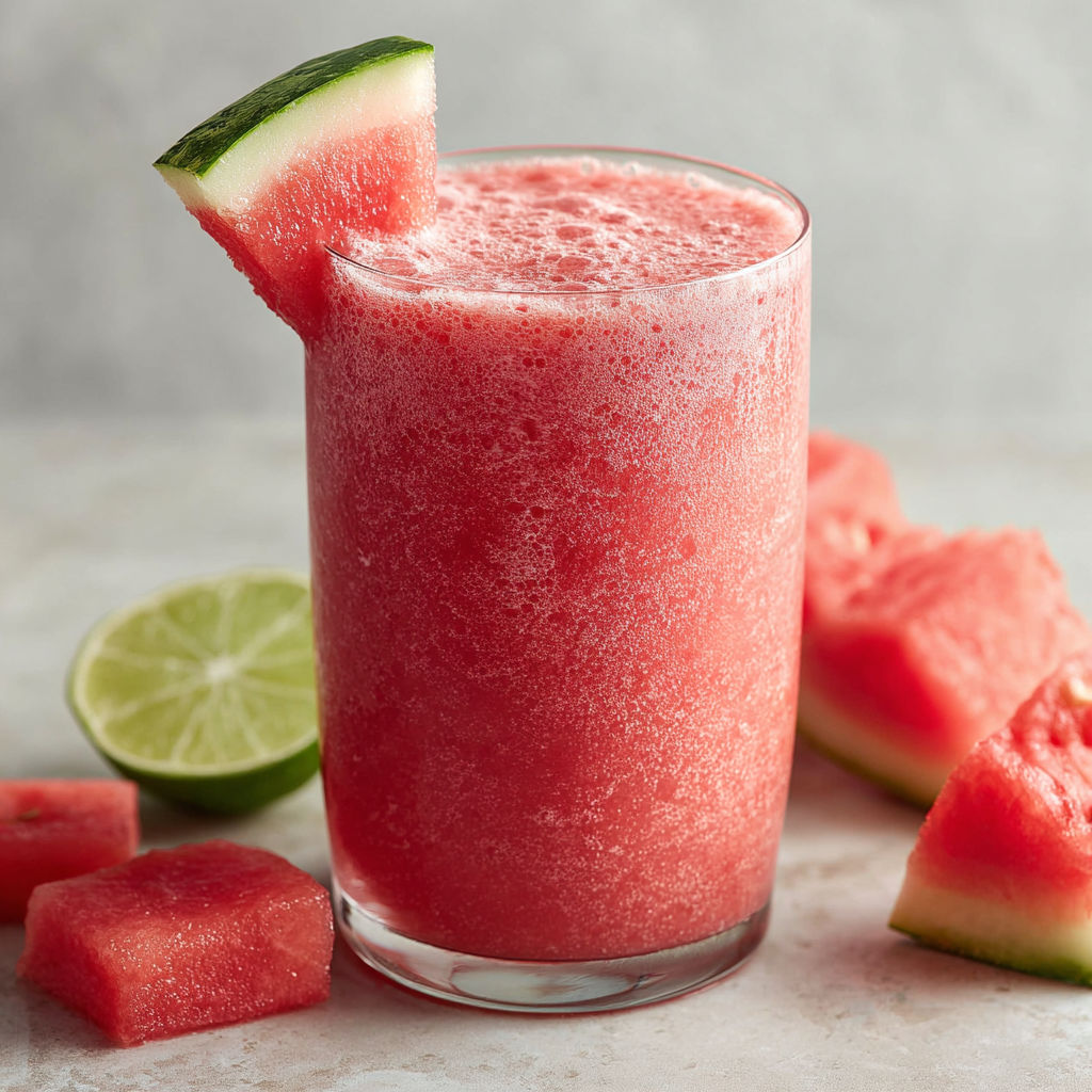 A glass of watermelon juice with a slice of watermelon on top.